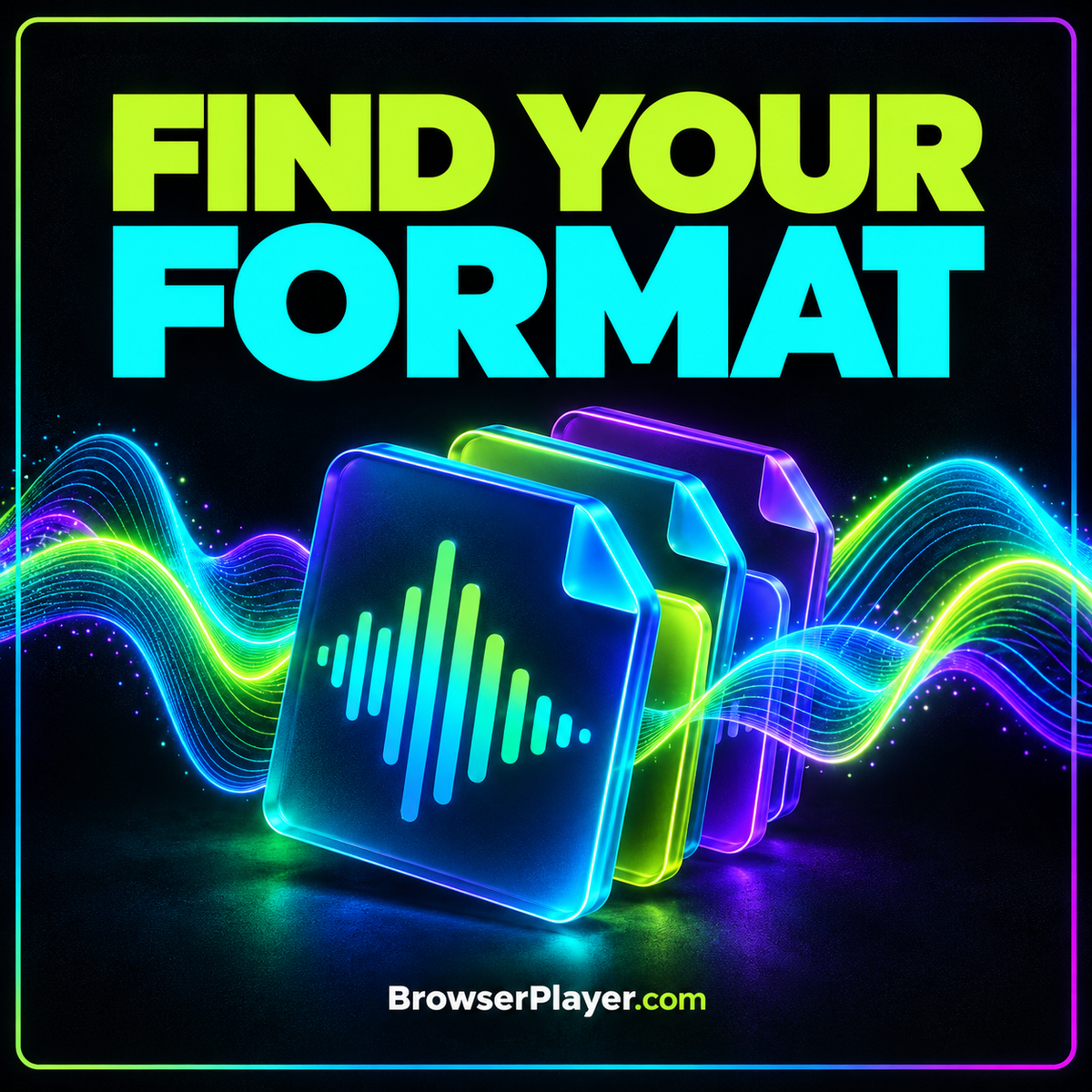 Neon audio format comparison card with MP3, AAC, Opus and FLAC labels around a waveform.