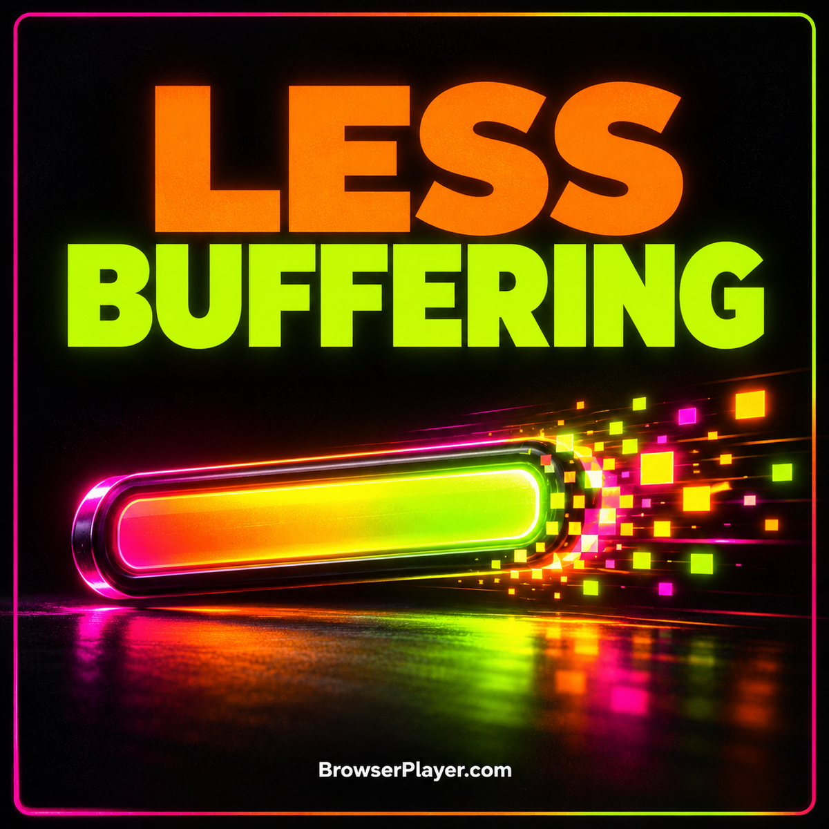 Neon buffering troubleshooting card with a loading ring, connection bars and a play button.
