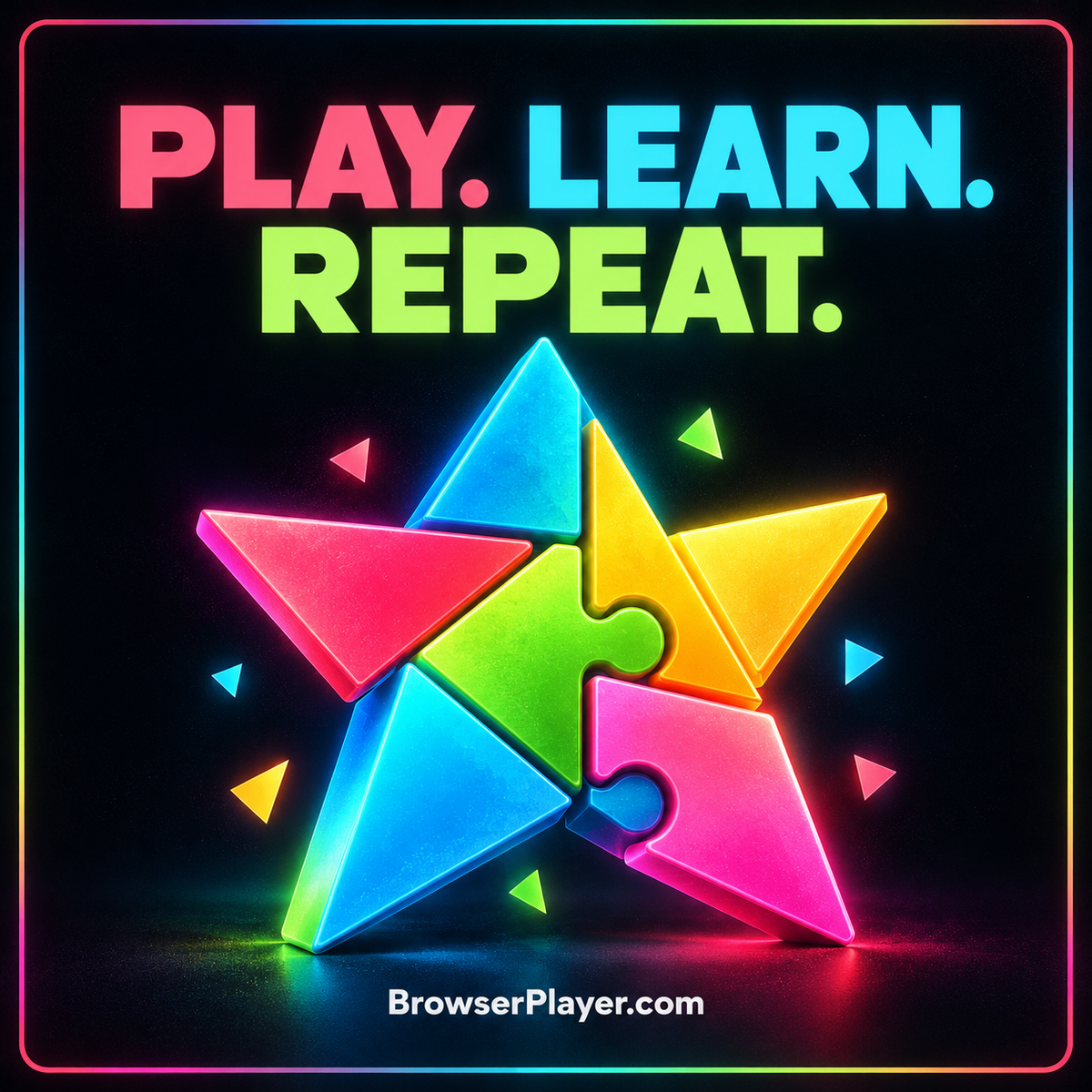 Bright BrowserPlayer.com learning games card with playful puzzle shapes, a lightbulb, and rainbow pinstripes.