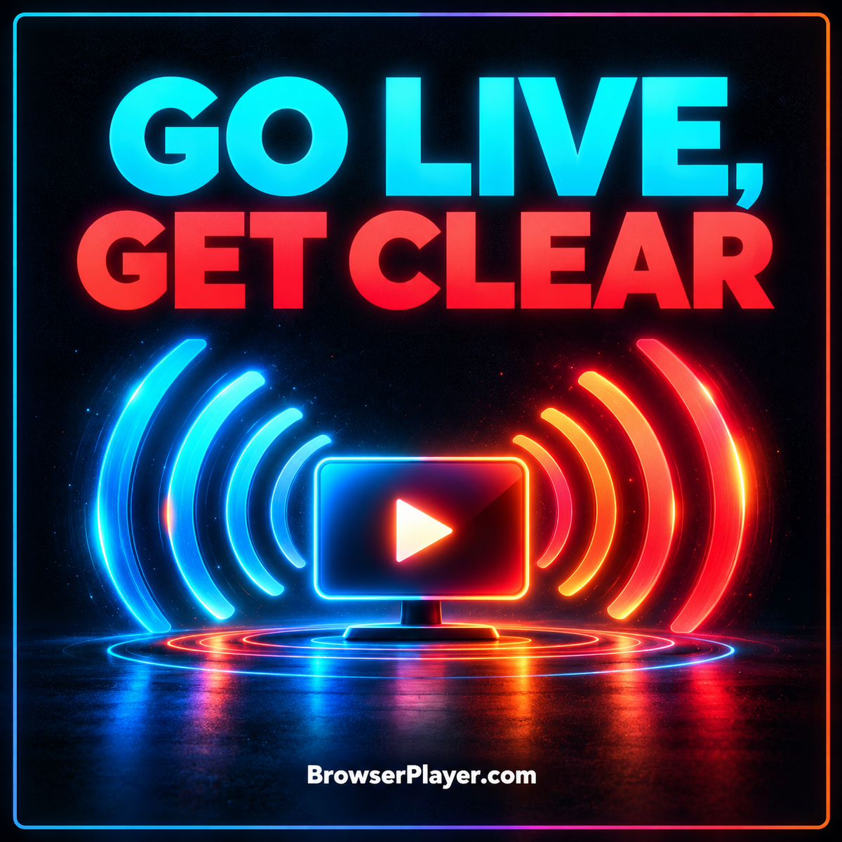 Neon BrowserPlayer.com livestream card with a play button, broadcast rings, and a vivid multicolor border.