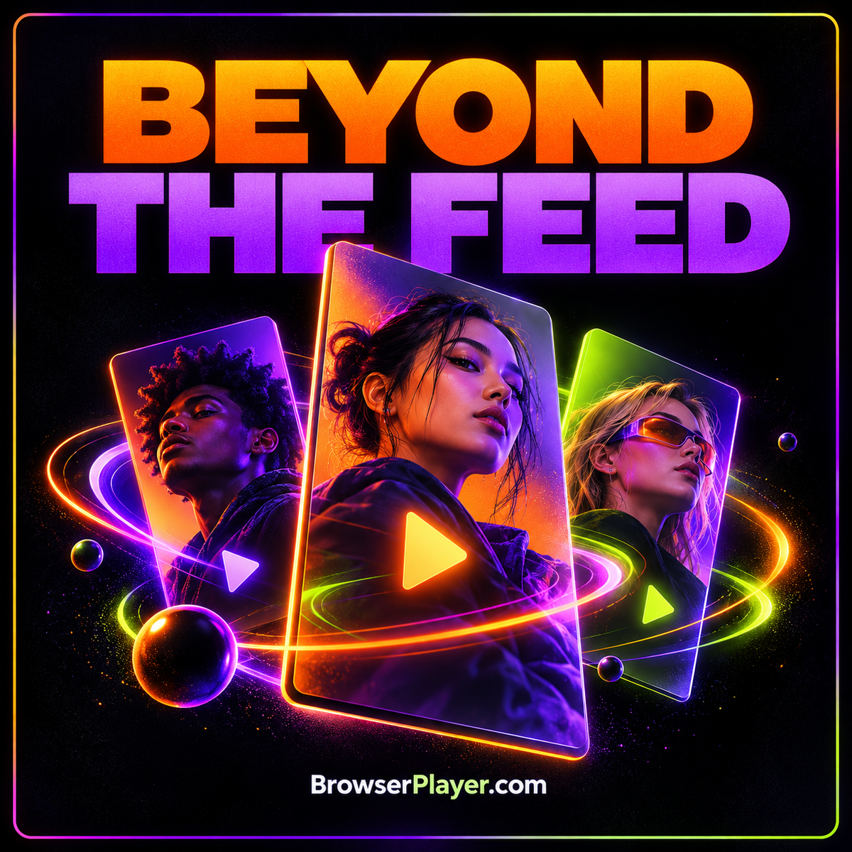Colorful BrowserPlayer.com social video card showing vertical video panels, a speaker symbol, and neon pinstripes.